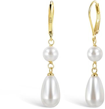 ALEXCRAFT Gold Ohrringe Perlen für Damen, Französische Ohrringe mit Perlen Anhänger Lange Ohrhänger Tropfenohrringe Hängende Ohrring mit Perlen für Damen Frauen