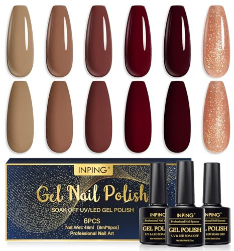 INPING UV Nagellack Nude Braun Gel Set, 6 Farben Brauntöne UV Lack Nagellack Soak Off UV Schönheit Geschenke für Frauen DIY Nail Art Design, 8 ML