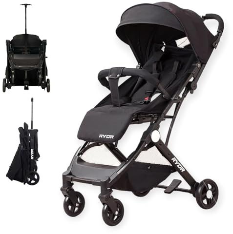 RYDR C8 Compact Travel Pushchair | Lightweight Baby Stroller/Pram/Buggy for 0–3 years/15kg | Easy One-Hand Fold, 5-Point Harness, Adjustable Back, Leg Rest and Canopy, Shopping Basket (Black)