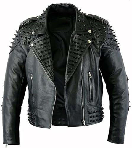 PROMENADE CHIC Rock Punk Lederjacke mit Nieten, Spike, Schwarz, Schwarz - Kunstleder, 3XL
