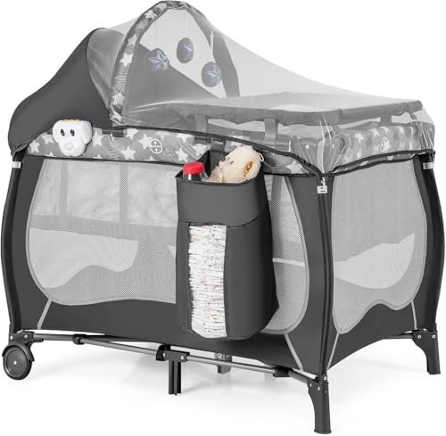FANTASK Lit bébé 4 en 1, Arche de Jeu et boîte à Musique, Landau avec roulettes, Sac de Transport, lit d'appoint Portable avec Matelas Pliable, Table à Langer, baldaquin, pour bébé jusqu'à 36 Mois