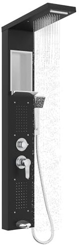 TANYEAR Pannello doccia a pioggia 5 in 1 funzioni, sistema doccia, colonna doccia in acciaio inox, set completo per doccia con doccetta, montaggio a parete, colore nero