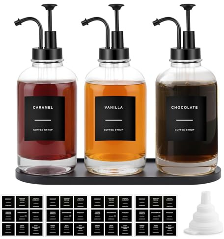 Sunal Kaffee Sirup Spender,Set of 3 Glas Sirup Spender,500ml/16,9 oz Schwarz Honig Pump Flasche mit 36 Wasserdichten Etiketten,1 Tray und 1 Silikon Trichter für Küche Kaffee Bar