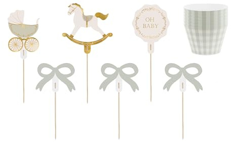 PartyDeco Muffin-Set Oh Baby Mix Cupcake Förmchen & Toppers - 12-teilig in Salbeigrün - Cupcake Deko Stecker & Backförmchen - Wrappers Grün Karomuster Kindergeburtstag Baby Shower Babyparty