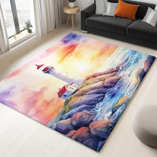Teppich Wohnzimmer Ölgemälde Leuchtturm Meer 160x230cm Ultra Weicher rutschfest Große Waschbarer Teppich, Modern Schlafzimmer Home Office Dekor