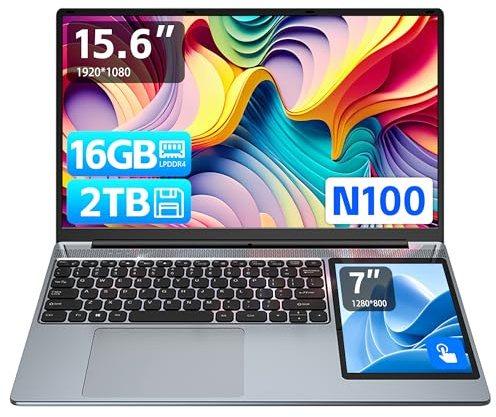 Computer portatile a doppio schermo da 15,6 pollici IPS + 7 '' Touch 12a generazione N100 Laptop Computer Win11 Pro, 32G DDR4 RAM 2TB SSD Slim Office Notebook PC con tastiera retroilluminata Impronte
