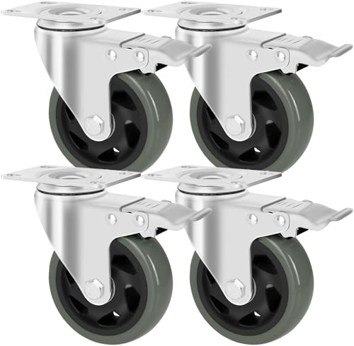 Lenkrollen 125 mm mit Bremse, 4er Set, Schwerlastrollen Tragkraft 640 kg | 360° schwenkbar, keine Spuren & Leise Rollen für Möbel, Transportrollen für Werkzeugwagen Industrietransport, Grau