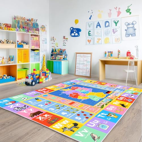Luogort Teppich Kinderzimmer, Weicher Plüsch Baby Teppich ABC Rechteck Alphabet Karte-Teppich für Kinder, Lernteppich für Kinder für Klassenzimmer, Spielzimmer, Schlafzimmer, Kinderzimmer 160x230 cm