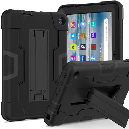 ZDJKAFREH Protection Case For Kindle Fire 7 2022 Case Tablet Silicone Case with Kickstand, Heavy Duty Shockproof Shell Rugged Protective Cover For Kindle Fire 7 Case(Black)