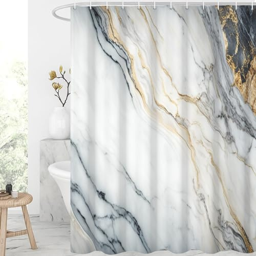 GCIREC Rideau de douche, 180x200cm, Noir Blanc et Or Texture Encre Marbre Art Moderne Tissu Imperméable Rideau de douche de salle de bain lavable en machine avec crochets