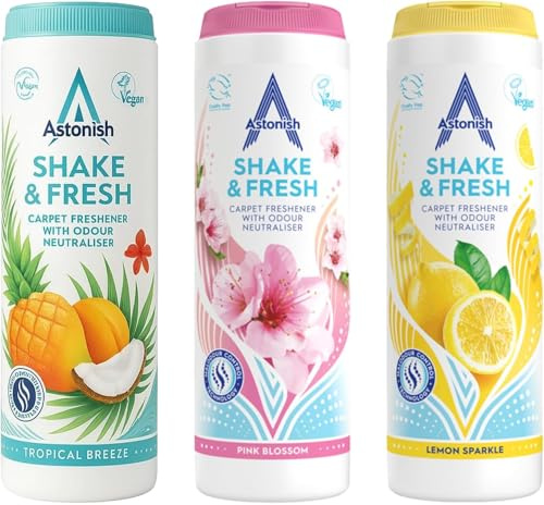 Astonish 3 Piece Household Cleaning Products Giftset Bundle – Shake & Fresh 350g Air Freshener Powders – Pink Blossom, Lemon Sparkle & Tropical Breeze – Odour Eliminator for Carpets & Bins