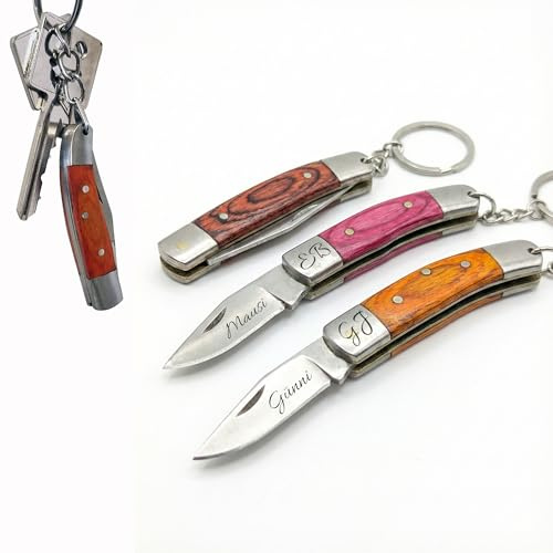 Mini Taschenmesser Schlüsselanhänger mit Gravur – personalisierbares kleines Klappmesser am Schlüsselbund – kompakter Alltagshelfer für Pakete, Camping & unterwegs (Orange, 1x mit Gravur)