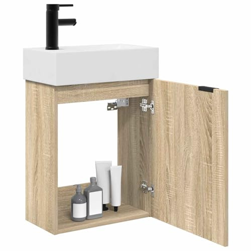 vidaXL Badezimmer Waschtischunterschrank mit Wasserhahn Sonoma-Eiche, Stylischer Badschrank, moderner Stauraum, cleverer Organizer, durchdachter Holzschrank für jeden Platz