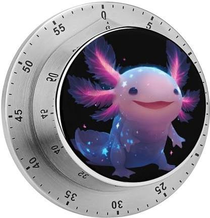 Minuteur mécanique Lumineux en Forme d'axolotl Mignon avec Alarme, idéal pour la Cuisine et la productivité. en Acier Inoxydable.