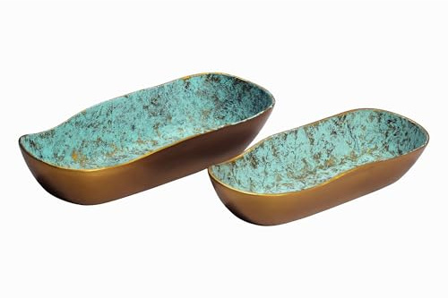 FineBuy Dekoschale 2er Set Aluminium Gold Patina, Oval | Schalen in Schiffchen-Form lebensmittelecht, Obstschale und Tischdeko, handgefertigte Unikate