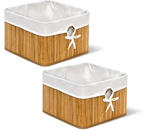 2 x Aufbewahrungskorb Natur im Set, aus Bambus, Faltbarer Regalkorb mit Stoffbezug, mit rundem Eingriff