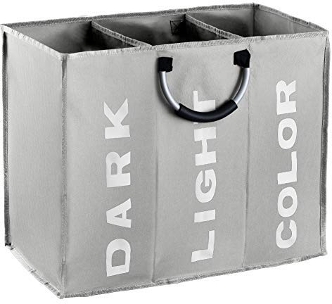 IHOMAGIC Wäschesortierer 3 Fächer, Faltbarer Wäschekorb Sortierer, Hell Dunkel Wäschesammler, 3 Fach Braun Kinderzimmer Kinder Baby Wäschebox, Wäschesack Wäschetasche Stoff Groß, 90L, 60×32×49cm, Grau