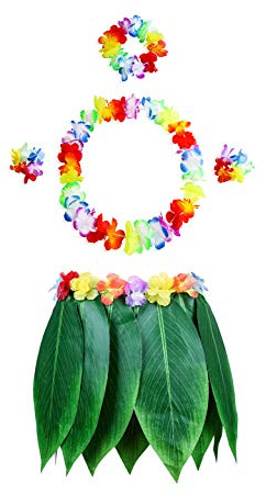 Pangmao Hawaiian Leaf Skirt with Flower Party Fancy Dress for Hawaii Summer Beach Tropical Luau Party