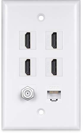 4 HDMI Keystone Wall Plate,PHIZLI 1 - Cat6 Ethernet 1 - Coax Cable TV F Type Port HDMI 2.0 Decorative Female to Female(White)