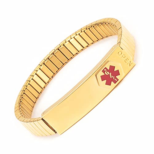 Medical Alert Armband für Männer Damen ID Armreif Elastic Edelstahl Armband personalisiert(6.7/7.1/7.5'')(Silber & Gold) (Gold, 19)