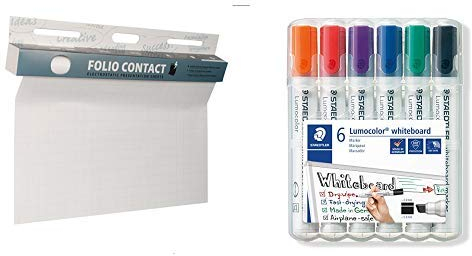 Folio Contact Flipchart: die patentierte elektrostatische Flipchartfolie & Staedtler Lumocolor 351 B WP6 Whiteboard-Marker, Keilspitze ca. 2 oder 5 mm Linienbreite, Set mit 6 Farben