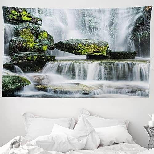 ABAKUHAUS Landschaft Wandteppich und Tagesdecke, Wasserfall mit Felsen aus Weiches Mikrofaser Stoff Waschbar ohne Verblassen Digitaldruck, 230 x 140 cm, Grün