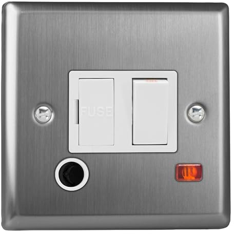Varilight Switched Fused Spur with Neon & Flex Outlet - Classic Brushed Steel with White Insert, XT6FONW