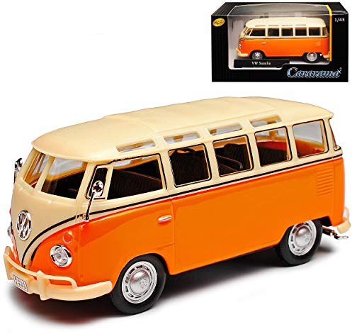 Cararama Volkwagen T1 Samba Orange mit Beige Personen Transporter Samba Bully Bus 1950-1967 1/43 Modell Auto