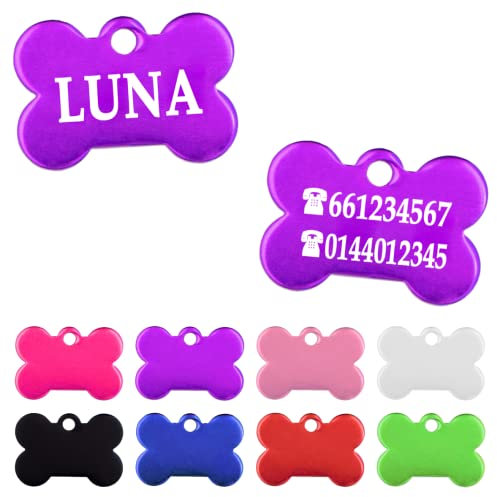 Ibera Gifts - Chapa Perro Grabada en Forma de Hueso, Placa Perro Personalizada para Perros y Gatos Muy Pequeños o Cachorros, Tamaño 22 x 15 mm, Chapa Identificativa Perro y Gato (Lila)