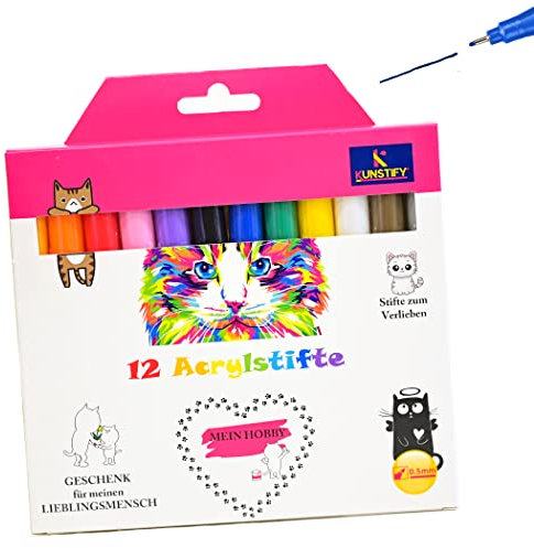 KUNSTIFY Acrylstifte - 12 Farben - 0,5mm - wasserfest - Marker Stifte - vielseitig anwendbar - Filzstift - für Kinder und Erwachsene