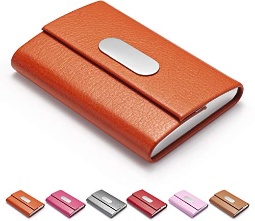 FACATH Visitenkartenhalter für Damen, PU-Leder & Edelstahl, Visitenkartenhalter, Brieftasche, Kreditkartenfach, Metallfach, Visitenkartenträger mit Magnetverschluss, Orange