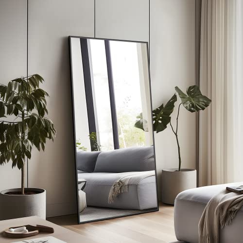 NeuType Ganzkörperspiegel zum Aufhängen oder Anlehnen an die Wand, großer rechteckiger Schlafzimmer-Spiegel, Bodenspiegel, Ankleidespiegel, Wandspiegel, Aluminiumlegierung, dünner Rahmen, schwarz, 150