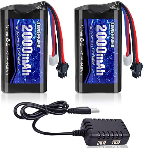 URGENEX 7.4 V Li-ion Battery 2000 mAh 2S Battery with SM 2P Plug High Capacity for Remote Control RC Boat H101 RC Batteries with Charger (2PCS)