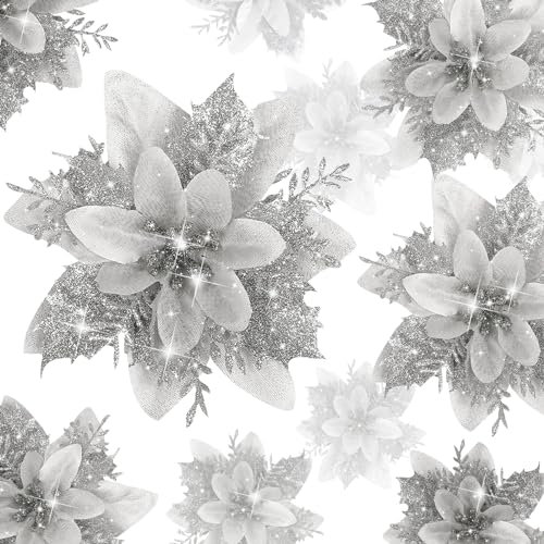 Kunstblumen Weihnachten, Weihnachtsblumen Deko, Glitzer Weihnachtsstern Künstlich Weihnachtsdeko Blumen, Künstliche Blumen für Christbaumschmuck, Hochzeitsdeko, Neujahr Ornamente.
