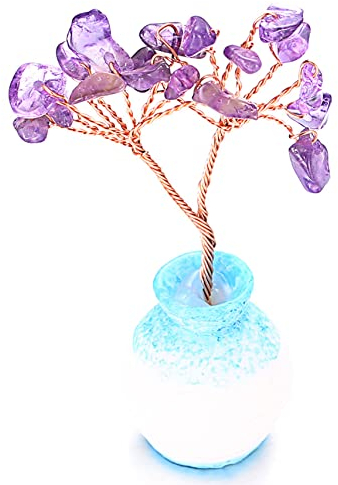 HALUKAKAH Arbre de Cristal Taille Mini SANTÉ Feng Shui Améthyste Quartz Authentique Pierre Précieuse Arbre de Vie Fait à la Main Branches de Fil de Cuivre Agate Base Bol Chantant Béni 6cm Haut