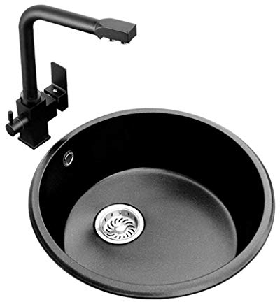 XBSXP Fregadero Redondo de Piedra de Cuarzo Fregadero Engrosado de Cocina Fregadero de Granito de una Sola Ranura Fregadero de Granito Tazón Doble (Color: Negro, Tamaño: 42 * 42 * 20 cm)