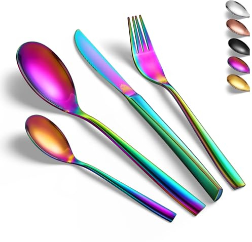 vancasso Besteck Set Regenbogen 6 personen, 18/10 Besteckset mit Messer/Gabel/Löffel/Dessertlöffel, 24-pcs Besteck Glänzend, Besteck Poliert mit Geschenkbox, Modernem und Schlichtem Design