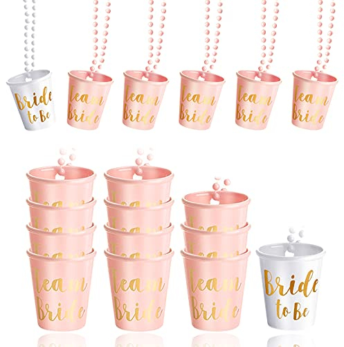 Csirnto Bride to be Collier Verres à Shot 12 Pièces Team Bride et Bride to Be Collier en Plastique Perlé Accessoire pour Bachelorette Partie Colliers Fête de Mariage Rose et Blanc avec Feuille d'Or