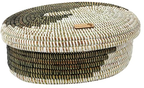 YAADU Geflochtener Aufbewahrungskorb mit Deckel – Regalkorb, Brotkorb, Organizer, Multifunktionskorb für Regal, Aufbewahrungsbox für Spielzeug, Make-up, Runder Brotkorb, Modell Ujamaa (Schwarz-Weiß)