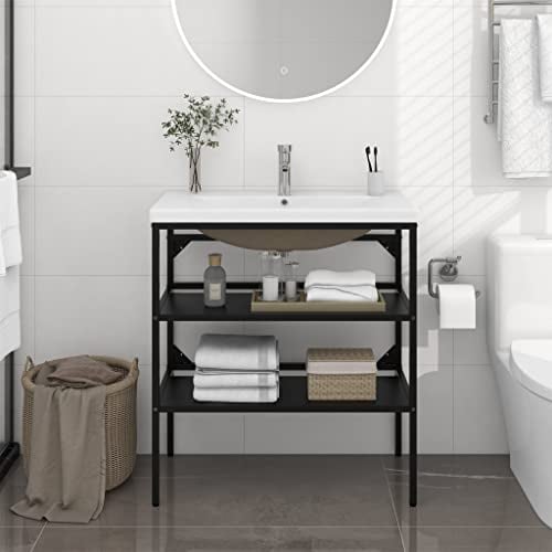 Makastle Waschtisch Waschtischkonsole mit Metall-Untergestell und Einbaubecken, Aufsatzwaschtisch mit Waschbecken und Regal, Schwarz Eisen 79 x 38 x 83 cm