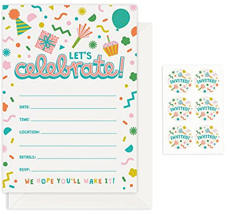 Rileys & Co. 50 Party Invitation Cards with Envelopes and Bonus Stickers, Kids Birthday Invitations for Boys and Girls with Cute Graphics and Paper, 7x5 Inches (17 x 13 cm)