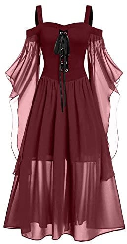 AMhomely Halloween Medieval Costume Women Butterfly Sleeve Maxi Cold Shoulder Steampunk Corset Dress - Gothic Clothes
