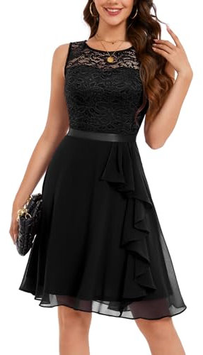 Berylove Robe de cocktail élégante pour femme avec ourlet à volants, robe de soirée courte en dentelle pour mariage, Noir , S