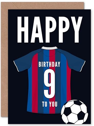 Artery8 Soccer Football 9th Birthday Card for Boys Girls Blue Red Striped Jersey Football Top on Dark Blue Background