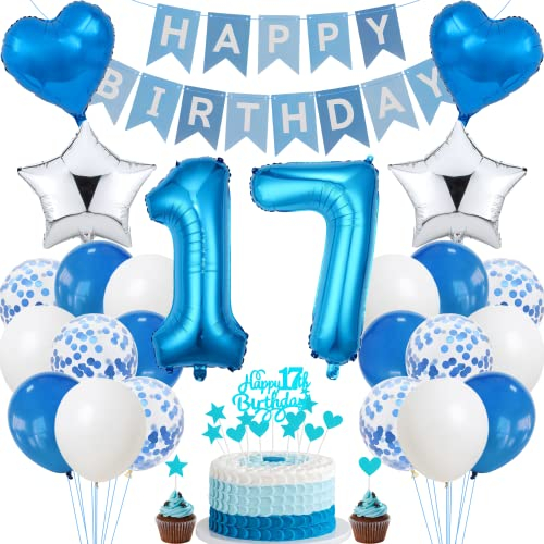 Jrzyhi 17. Geburtstag Dekoration,Blau Tortendeko Geburtstag 17 Jahre Junge,Party Deko Silber,17 Geburtstag Mädchen Junge,Tortendeko 17. Geburtstag Junge Mädchen,Geburtstagsdeko 17 Jahre Junge Mädchen