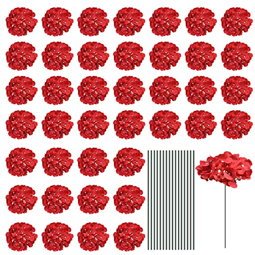 MECCANIXITY Künstliche Hortensien aus Seide, rote künstliche Blütenköpfe mit Stielen, volle Hortensien Blumen für Hochzeits-Mittelstücke, Party-Dekoration, 30er-Set