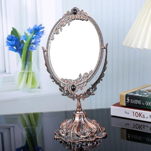 Guppy Metall Vintage Make-up Spiegel, Tischplatte Ovaler Kosmetikspiegel, Vintage Swivel Doppelseitiger Kosmetikspiegel mit geprägtem Rahmen Standfuß, Retro-Spiegel für Kommode, Thekendisplay Rot