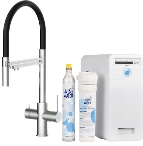 Living Water Sprudel-Wasserhahn mit Kohlensäure, Untertisch-Trinkwassersystem mit 5-Wege-Edelstahl-Armatur, LivingTap Pro Sprudelwasser aus dem Hahn mit Brause-Auslauf