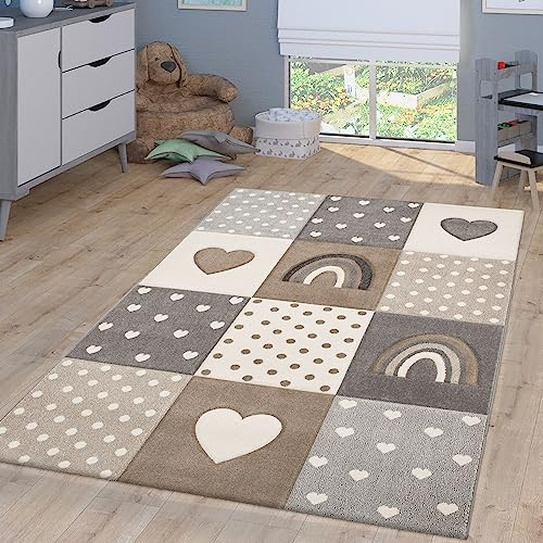 TT Home Teppich Kinderzimmer Kinderteppich Regenbogen Punkte Herz Kurzflor Pastell, Farbe: Grau Beige Creme, Größe:120x170 cm