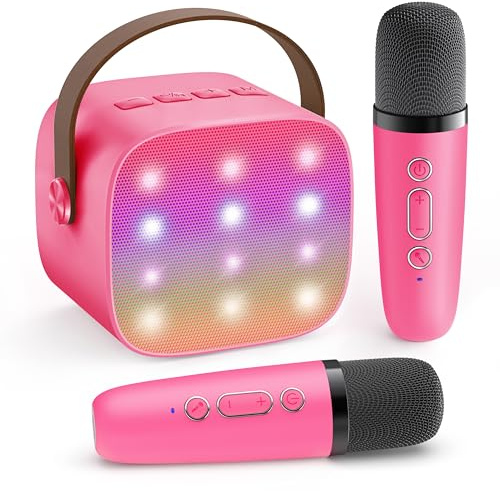YLL Macchina per karaoke per bambini, altoparlante Bluetooth portatile con 2 microfoni wireless, 18 canzoni precaricate, regalo di compleanno per ragazze di 4, 5, 6, 7, 8+ anni (fucsia)